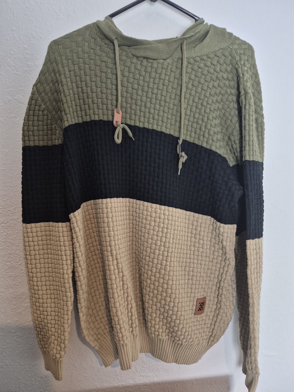 Colorblock Knit Hoodie Sweater - Olive, Black & Beige.Size Lg